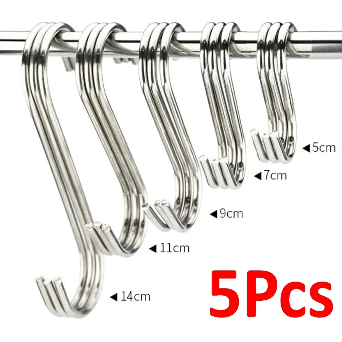 5pcs S-shaped Hook Multi-purpose Stainless Steel Strong Load-bearing Hanging Organizer For Kitchen Bathroom Hanger 5/7/9/11/14cm