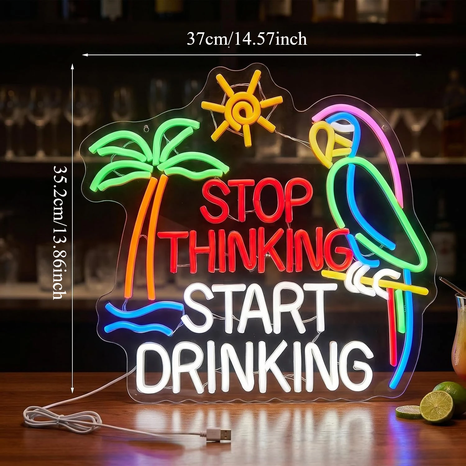 USB LED Neon Sign Stop Thinking Start Drinking Parrot Palm Tree Neon Light for Restaurant Bar Christmas Party Home Decor Gift