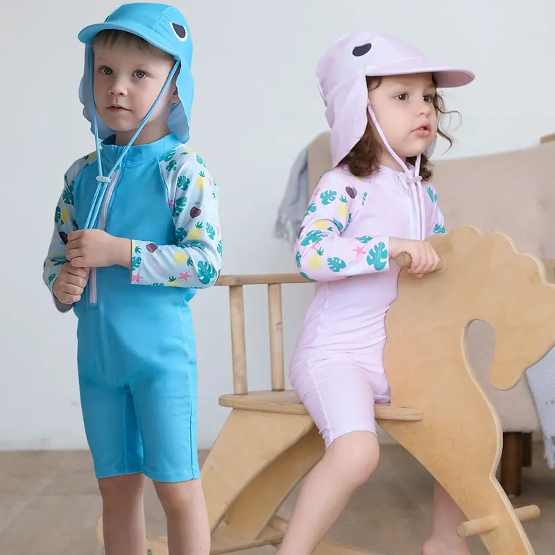 2026 New Children's Swimsuit, Boys and Girls One-piece Long Sleeved Baby Sunscreen Hat, Quick Drying Baby and Toddler Swimsuit