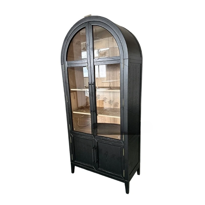 American light luxury solid wood bookcase Nordic side cabinet arched with glass cabinet door decorative bookshelf