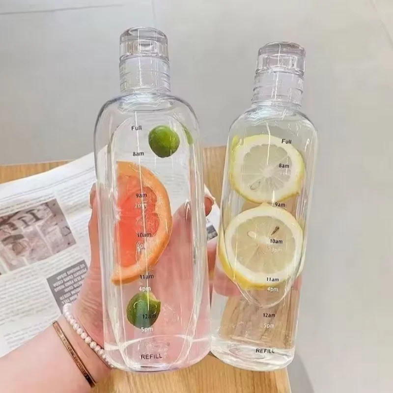1pc Clear Water Bottle，500/750ml Plastic Sports Water Bottle Large Capacity Leak Proof With Time Mark Creative Fall Proof