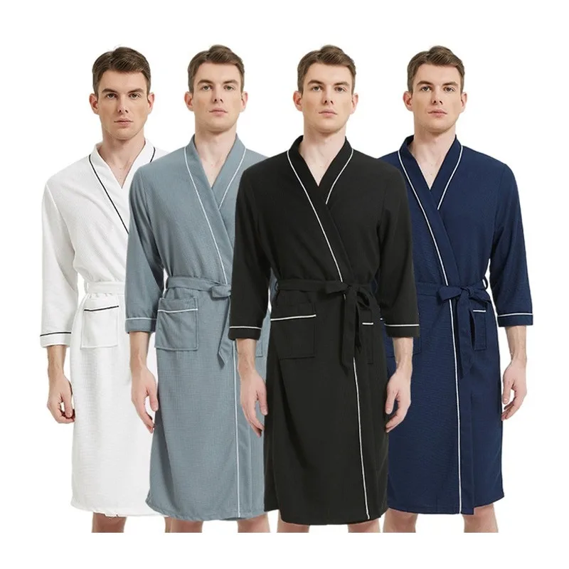 American-Style Men's Pajamas, Spring and Autumn, Three-Quarter Sleeve Waffle Robe, Plus-Size Home Wear, Sleepwear, Morning Robe