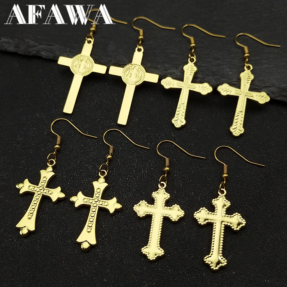 Catholic Saint Benedict Cross Earrings For Women Stainless Steel Gold Color San Benito Earring Jewelry boucle d’oreille femmes