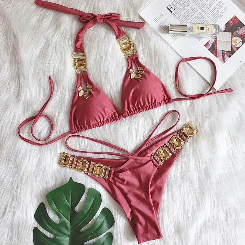 Sexy strass bikini 2025 feminino sólido verde push up glitter diamante 2 peça maiô corrente de metal tanga banho