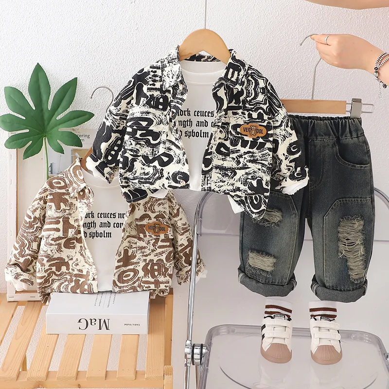 

Boys Clothes Sets Spring Autumn 2025 Children Coats T-shirts Denim Pants 3pcs Fashion Suit For Baby Outfits Kids Tracksuits 4 5Y