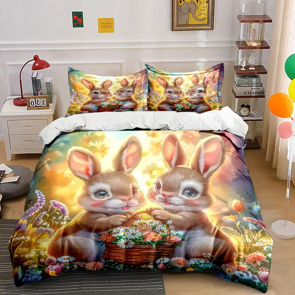 Fairy rabbits with flower basket Duvet Cover Set with 3D Printing Design Soft Polyester Bedding Set All-Season Comfort