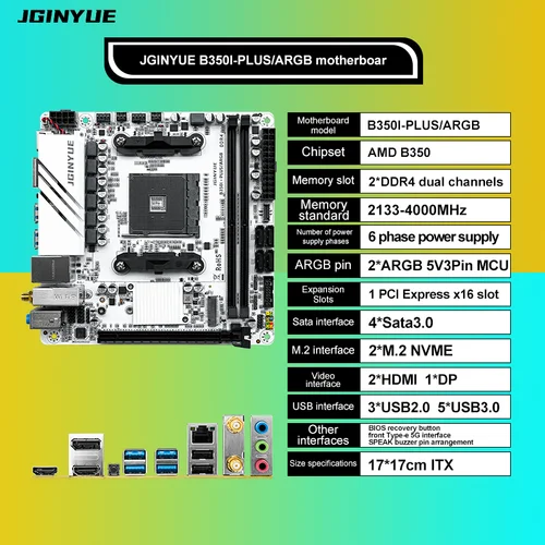 Imagen 1 del producto Placa base JGINYUE AMD AM4 ITX compatible con Ryzen R3 R5 R7 R9 serie 1/2/3/4/5 CPU DDR4 RAM PC de escritorio PCI-E 3,0 B350i PLUS ARGB