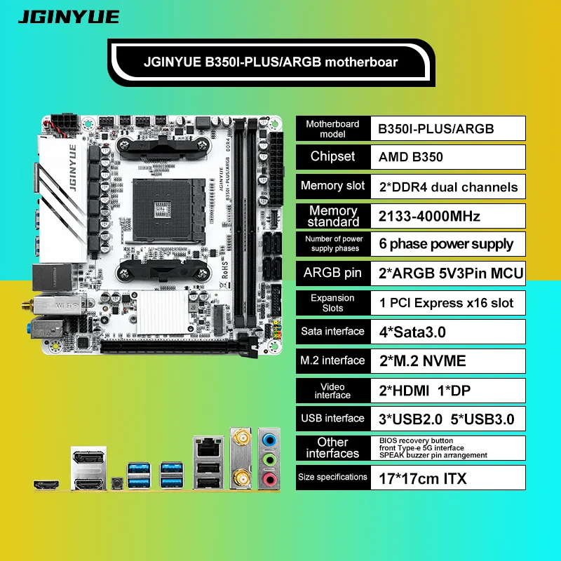 JGINYUE AMD AM4 ITX 마더보드, Ryzen R3 R5 R7 R9 1, 2, 3, 4/5 시리즈 CPU DDR4 RAM, 데스크탑 PC PCI-E 3.0 B350i PLUS ARGB 지원 