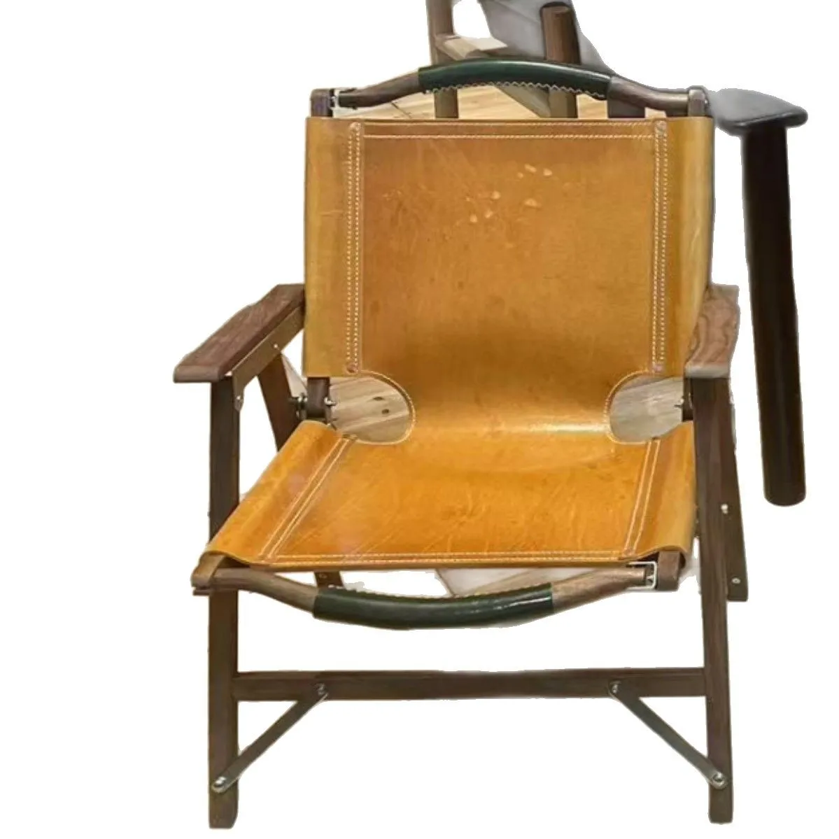 Outdoor Exposed Solid Wood Walnut Ash Wood Saddle Leather Portable Folding Chair