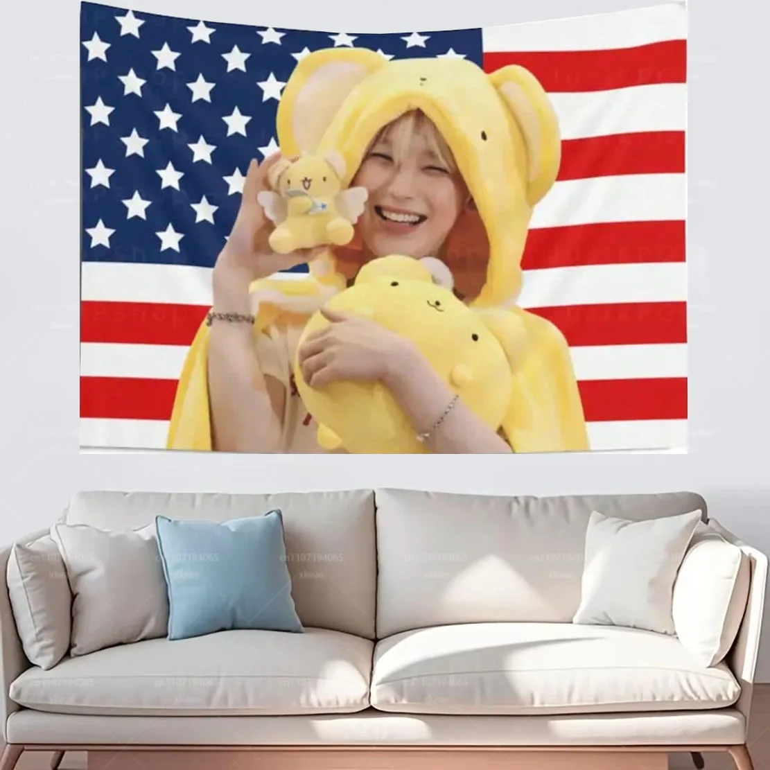 Sunoo Cerberus Outfit American Flag Banner - K-Pop Concert Flag & Wall Hanging, Manifesto World Tour Printed Tapestry