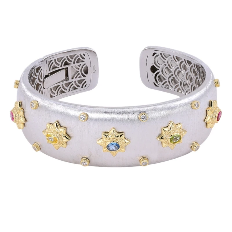 Bellux S925 silver gold-plated brushed open bracelet for women set with colorful flowers light luxury vintage wide bangle