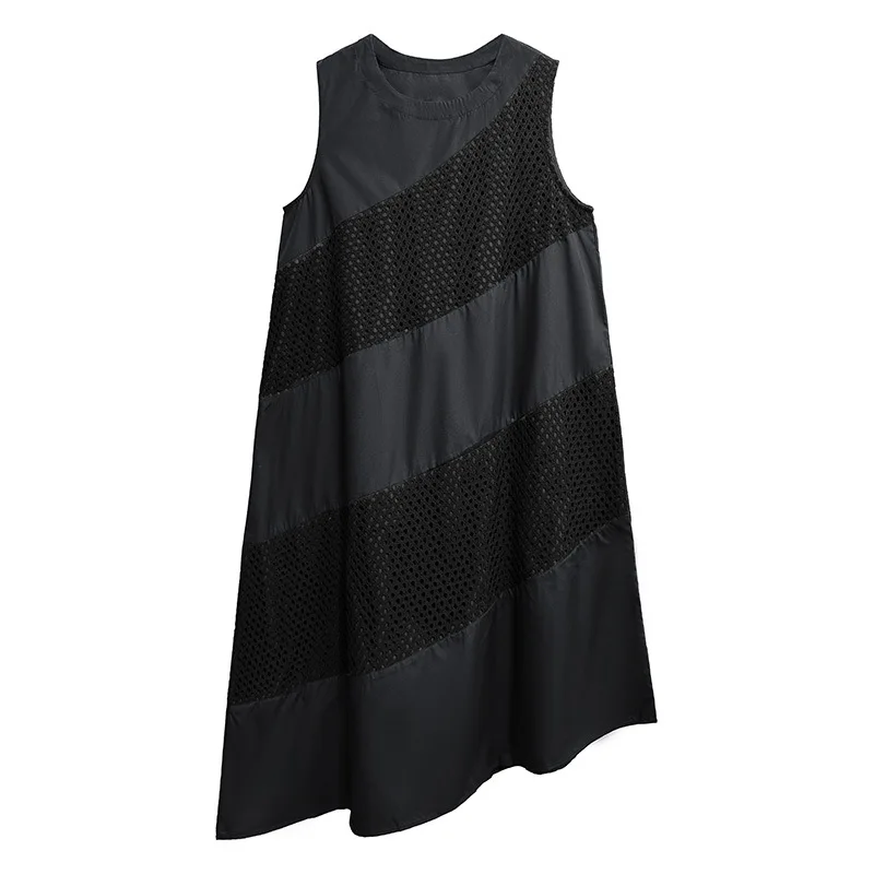 

Women's dress, patchwork mesh loose plus size long skirt, Japanese casual simple black clothes, fashionable women's clothing
