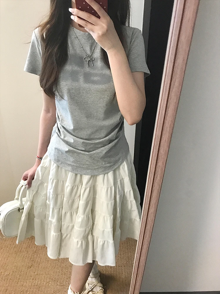 Retro American Phantom Print Short Sleeve T-Shirt Women's Summer Design Slimming Pleated Half Shirt Commute Style round Neck
