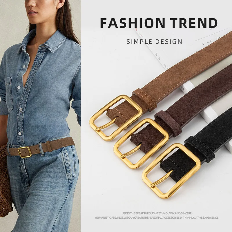 西洋スエードレザーゴールドピンバックルレディースウエストバンドベルト、ファッションドレスセーターコートベルト