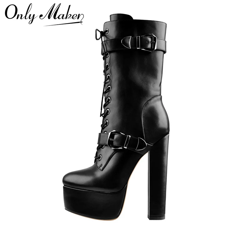 

Onlymaker Women Black Matte Platform Zipper Ankle Boots Round Heels Heeled Metal Plates Fashion Buckle Boots