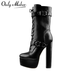 Onlymaker Women Black Matte Platform Zipper Ankle Boots Round Heels Heeled Metal Plates Fashion Buckle Boots