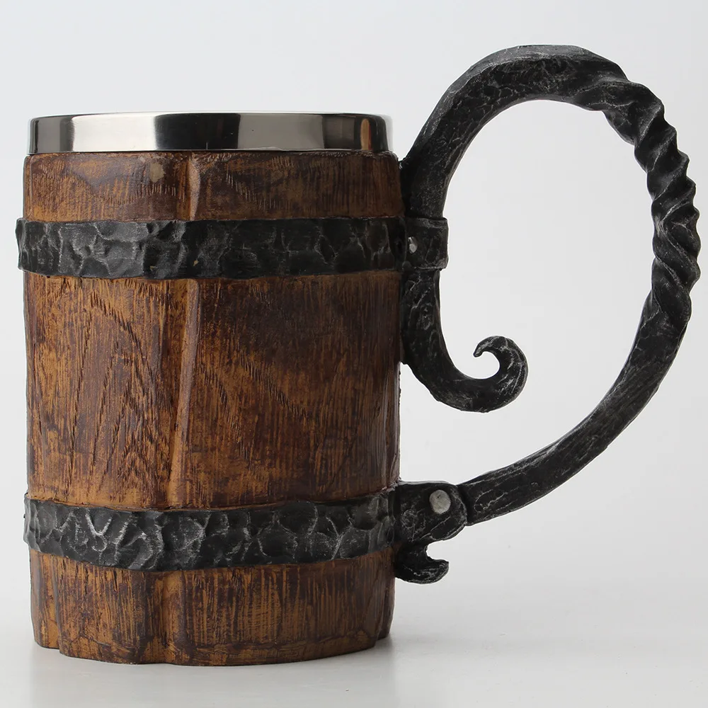 

Original Viking Drinking Mug Simulation Wooden Barrel Beer Cup Double Stainless Steel Mug Gift Home Cup Wood Color
