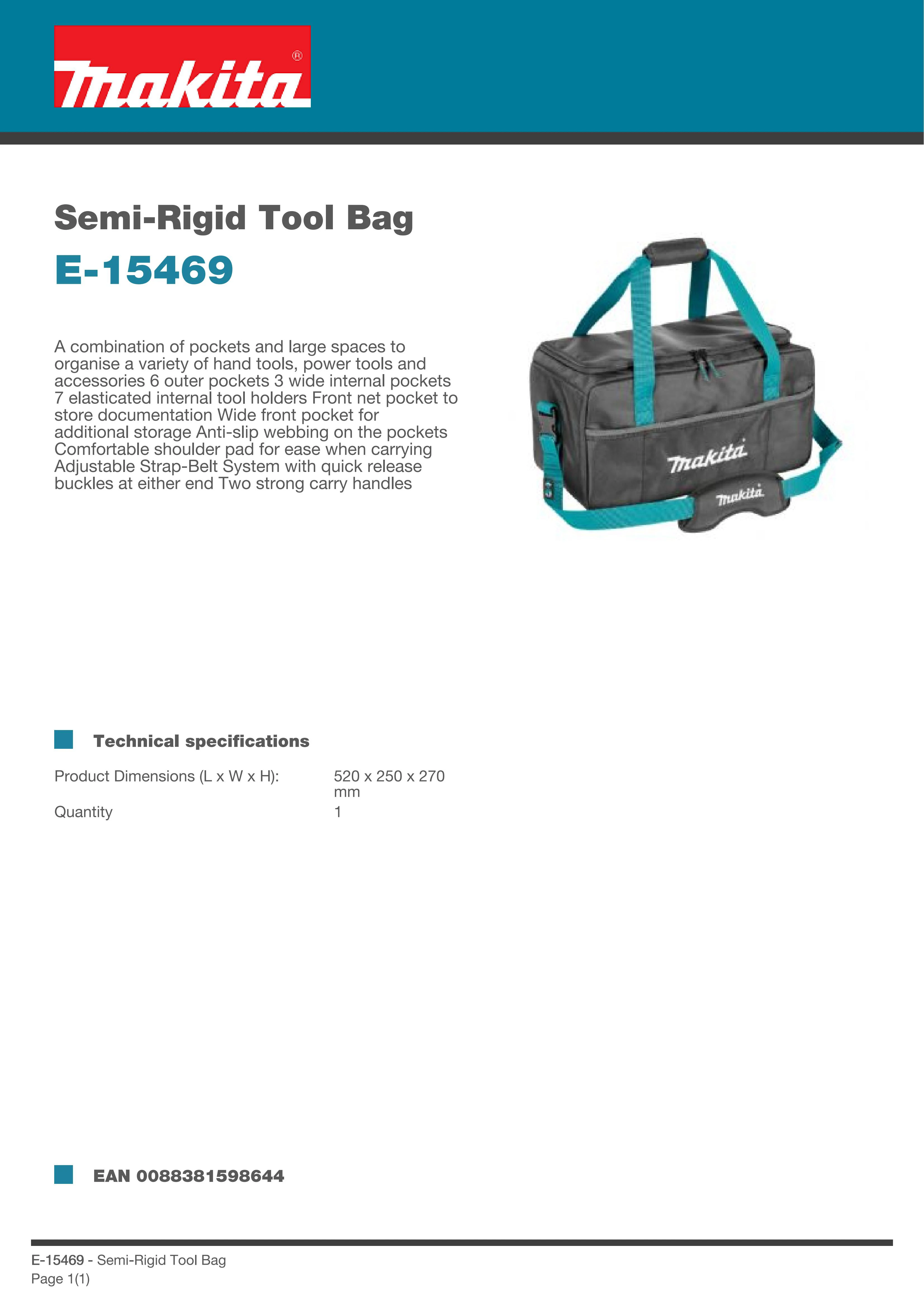 Makita E-15469 Semi-Rigid Tool Bag Power Tool Accessories