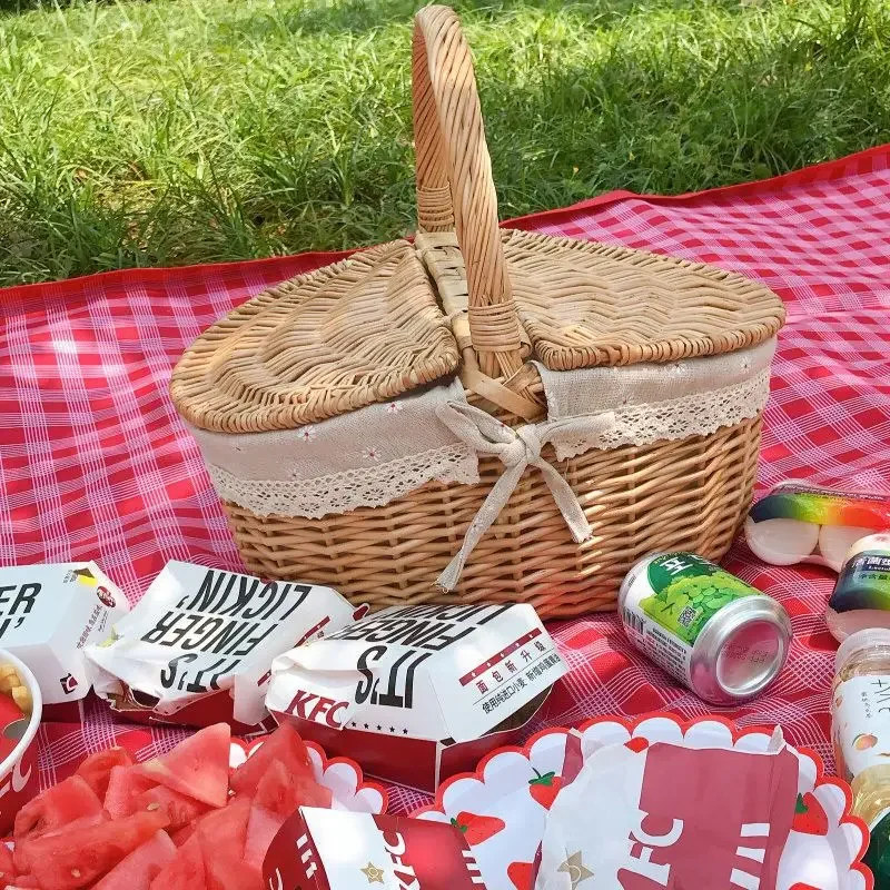 INS Outdoor Picnic Basket, Natural Vine Weaving Storage Basket, Dust with Cover, Storage Items, Large Capacity, Flower Basket