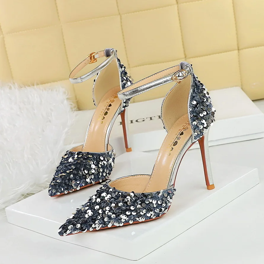 new pattern Hollow Women's Ladies Shoes Thin Ultra High Middle Heels Shallow Mouth Pointed Glitter Sandals Women Pumps