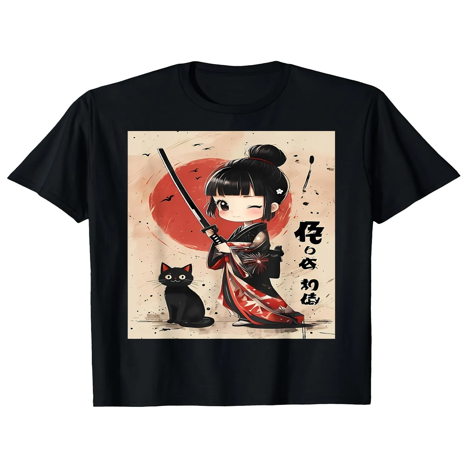 Men's Anime Samurai Girl Katana Cat Graphic T Shirt Japanese Manga Tee Soft Breathable Shirt for Cosplay Casual Attire Perfect Gift for Anime Fans Japanese Animation Lovers AniSame Style for Me Cotton Tee, Gift For Him