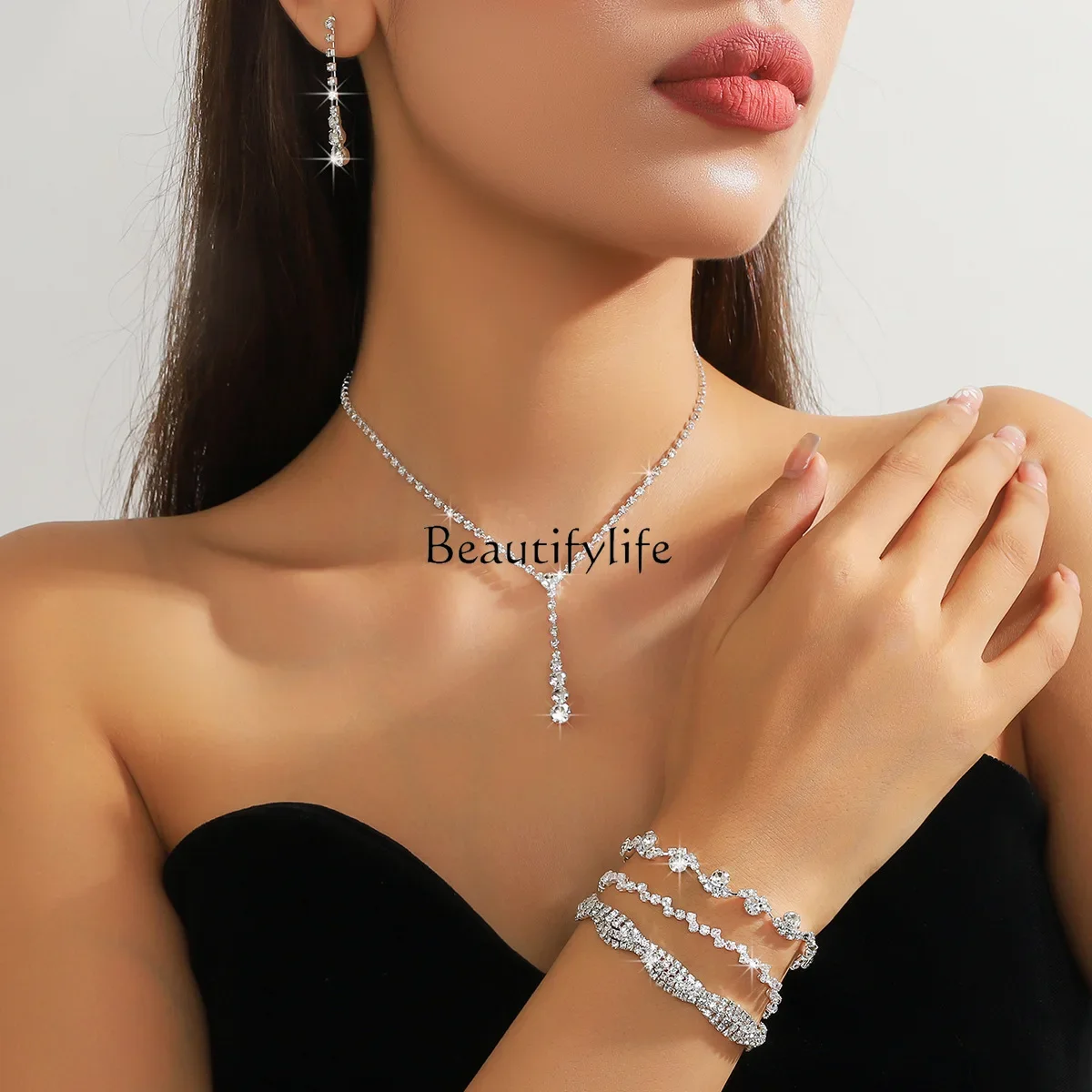 European and American full diamond rhinestone chain earrings woven bracelet 5-piece set