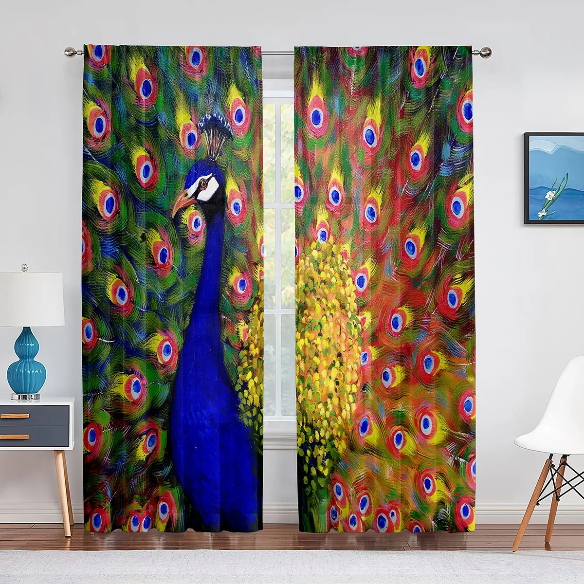 

Retro Peacock Oil Painting Sheer Voile Curtains for Living Room Bedroom Kitchen Decor Modern Transparent Tulle Window Curtains