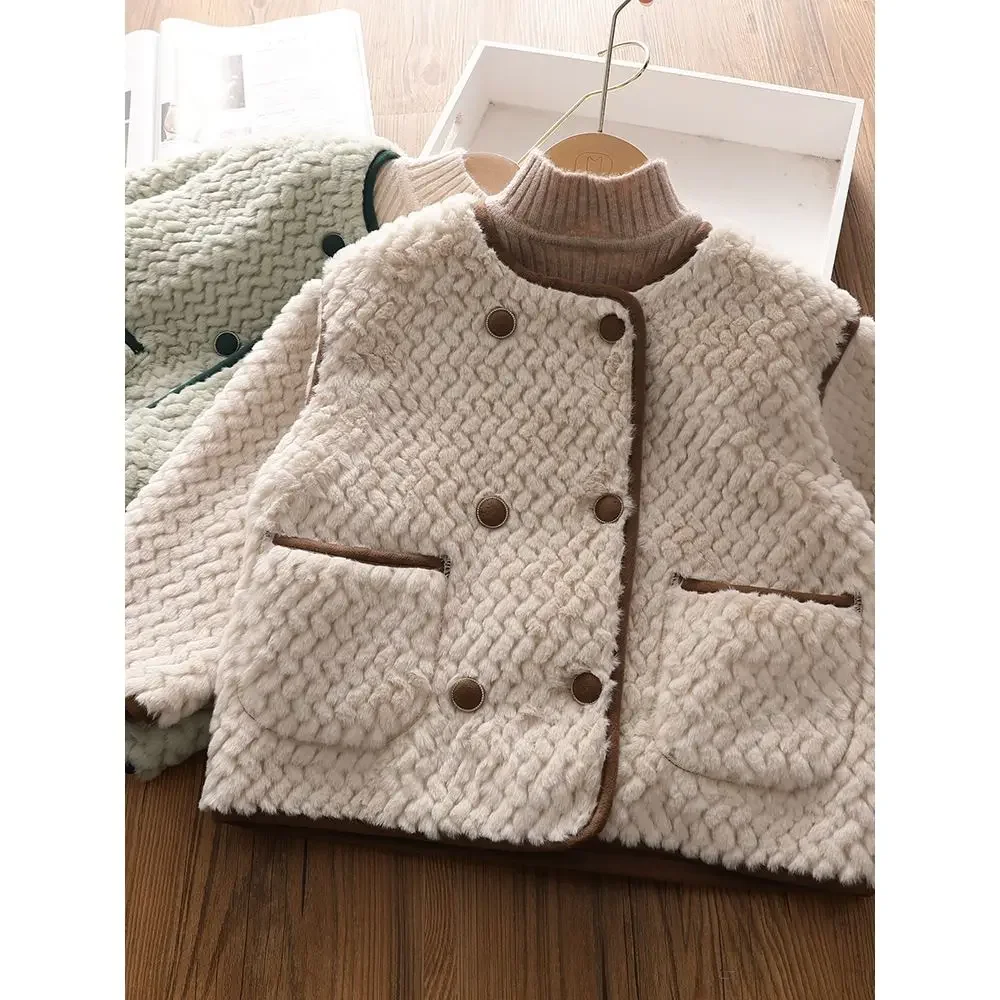 Girls' Western Style Imitation Fur Furry Coat Children's Integrated Thickened Short Woolen Coat Deep Autumn and Winter New