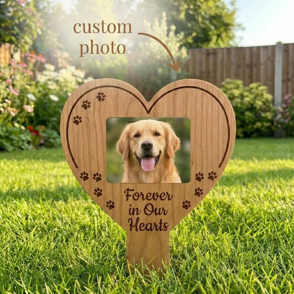 1pc Custom Pet Memorial Photo Stake,Personalized Heart-Shaped Wooden Grave,Pet Loss Gift for Pet Owners,with Paw Print Accents
