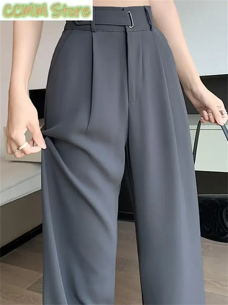 New Solid Pants for Women Fashion Office Ladies Folds High Waist Pants Vintage Elegant Casual Full Length Pants
