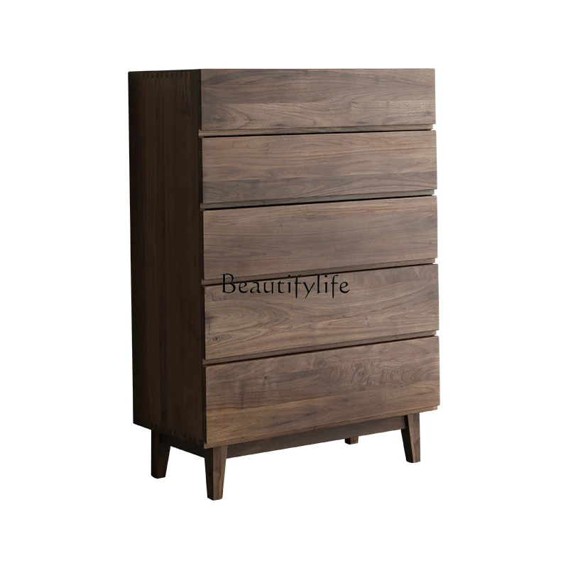 

North America Black Walnut Five-Drawer Wooden Chest of Drawers Nordic Solid Wood Bedroom Storage Cabinet Light Luxury Modern