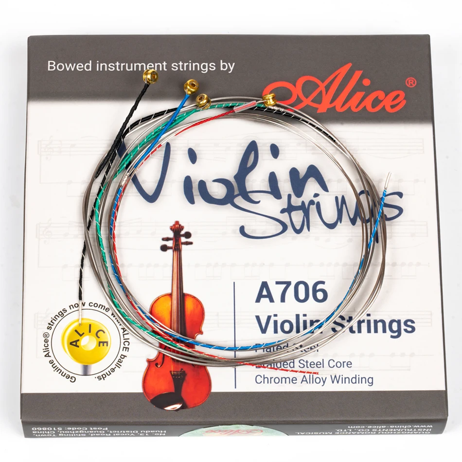 Alice A706 Violin Strings Full Set E,A.D,G Braided Steel Core Chrome Alloy Winding for Violin Size 4/4 3/4 1/2 1/4 1/8