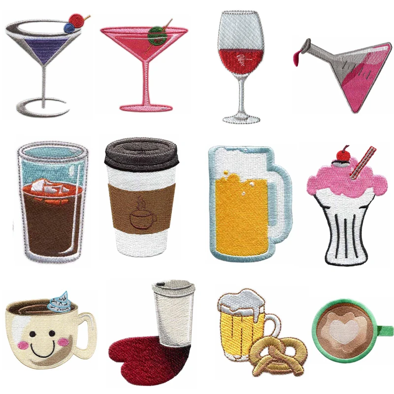 Cup & Drink Themed Iron-on Embroidered Patches, Wine Coffee Beer Glass Decorative Embroidery Patches for Clothes Hats Bags