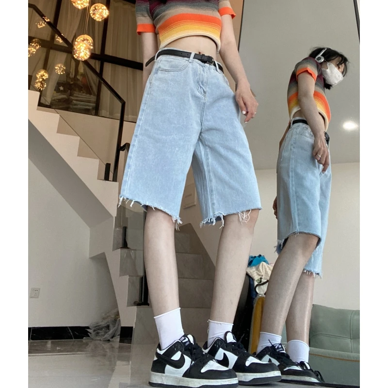 

Women Short Blue Summer High Waist Jeans Y2K Baggy Straight Five Points Trousers Streetwear Vintage Denim Wide Leg Short Pants