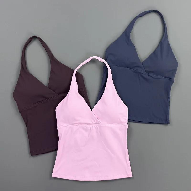 Women Halter Cropped Tank Top V‑Neck Built‑in Padded Bra Sleeveless Stretchy Soft Camisole Yoga Gym Workout Fitness ActiveWear
