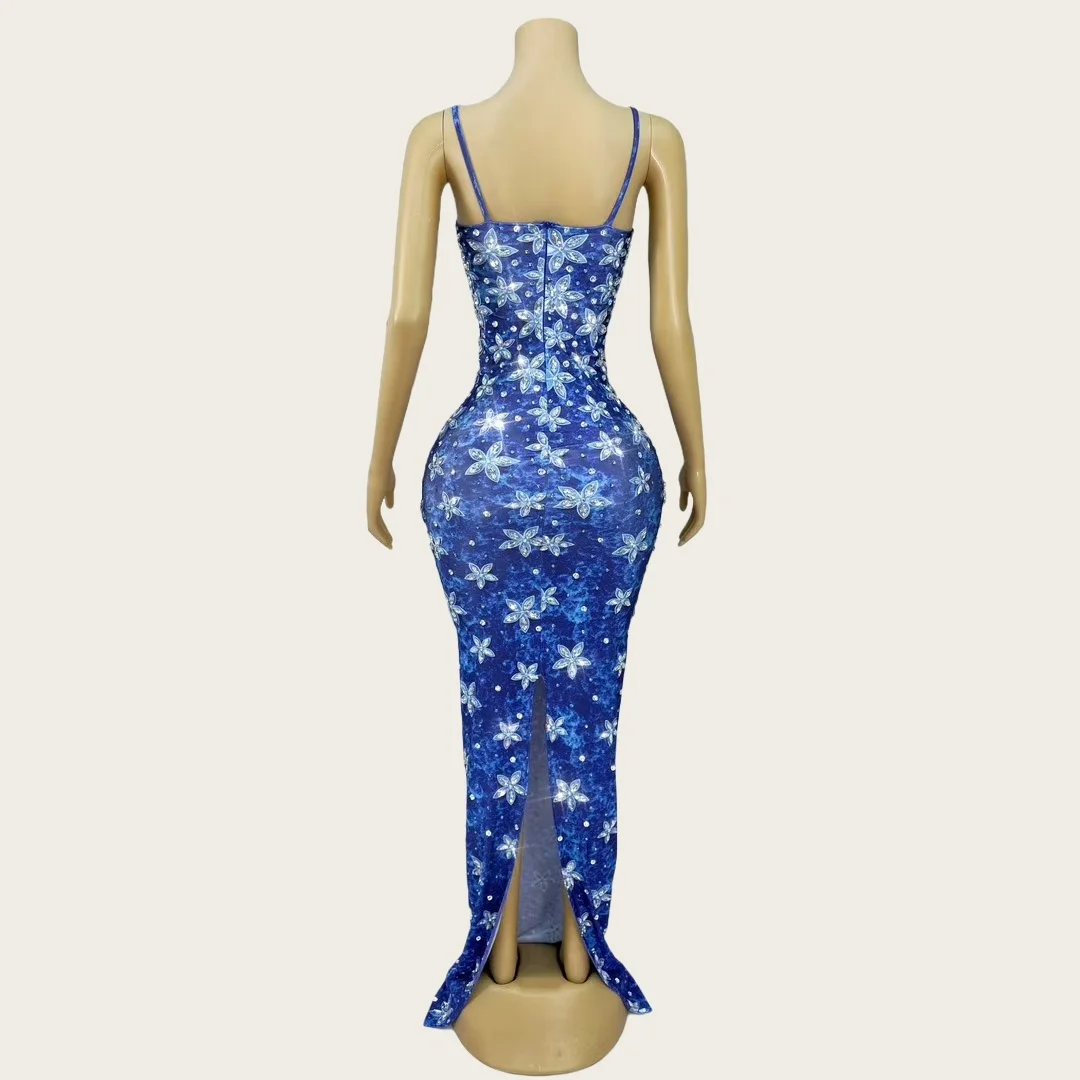 

Xingluohua Sparkly Crystals White Flowers Blue Evening Gown Sexy Birthday Party Outfit Elegant Slip Dress High-end Bandage Dress