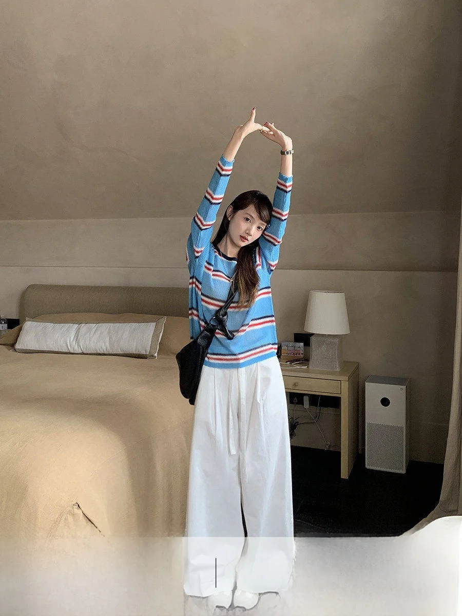 

Linyunyun White Casual Wide Leg Pants Women's Autumn Versatile Lazy Sle Dstring Long Trousers High Waist Straight Cut