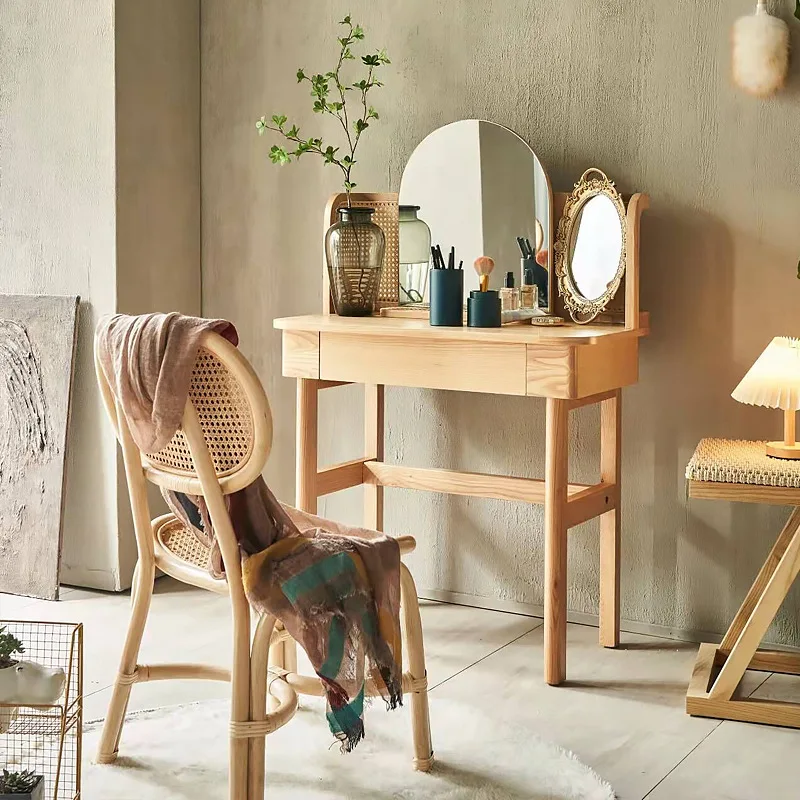 Factory Direct 2026 Nordic rattan dressing table, small apartment, home bedroom, mirrored dressing table, solid wood makeup tabl