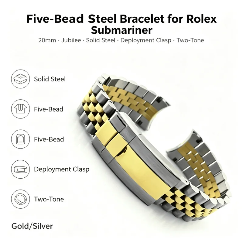 20/21mm Stainless Steel Five-Bead Bracelet for Rolex Submariner Solid Steel Deployment Clasp Two-Tone Men Replacement Watch Band