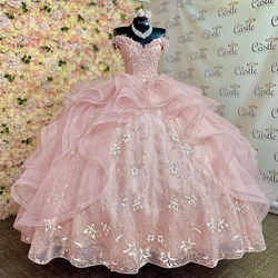 Sparkly Pink  Off-Shoulder Party Prom Dress  Candy Color Lace Applique Quinceanera Dress Sweet 16 Princess Vestidos De 15 Anos