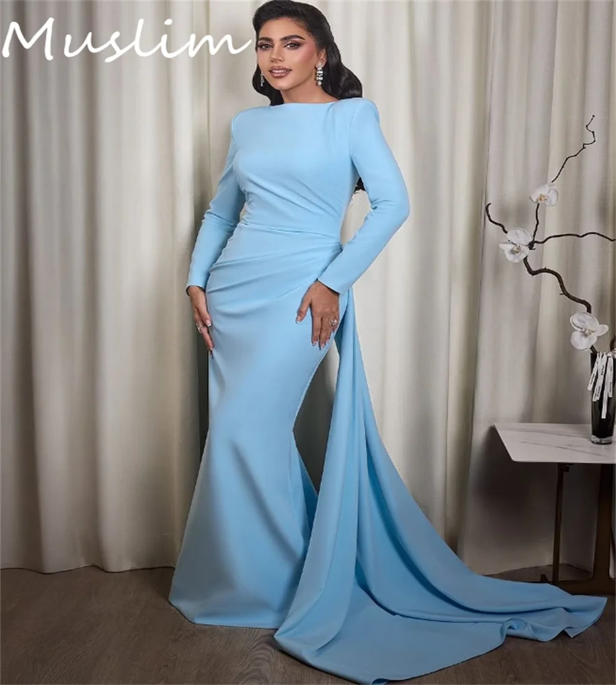 Vestido de noche de sirena azul claro con tren vestido de fiesta árabe musulmán manga larga ocasión de cumpleaños británica Formal personalizado