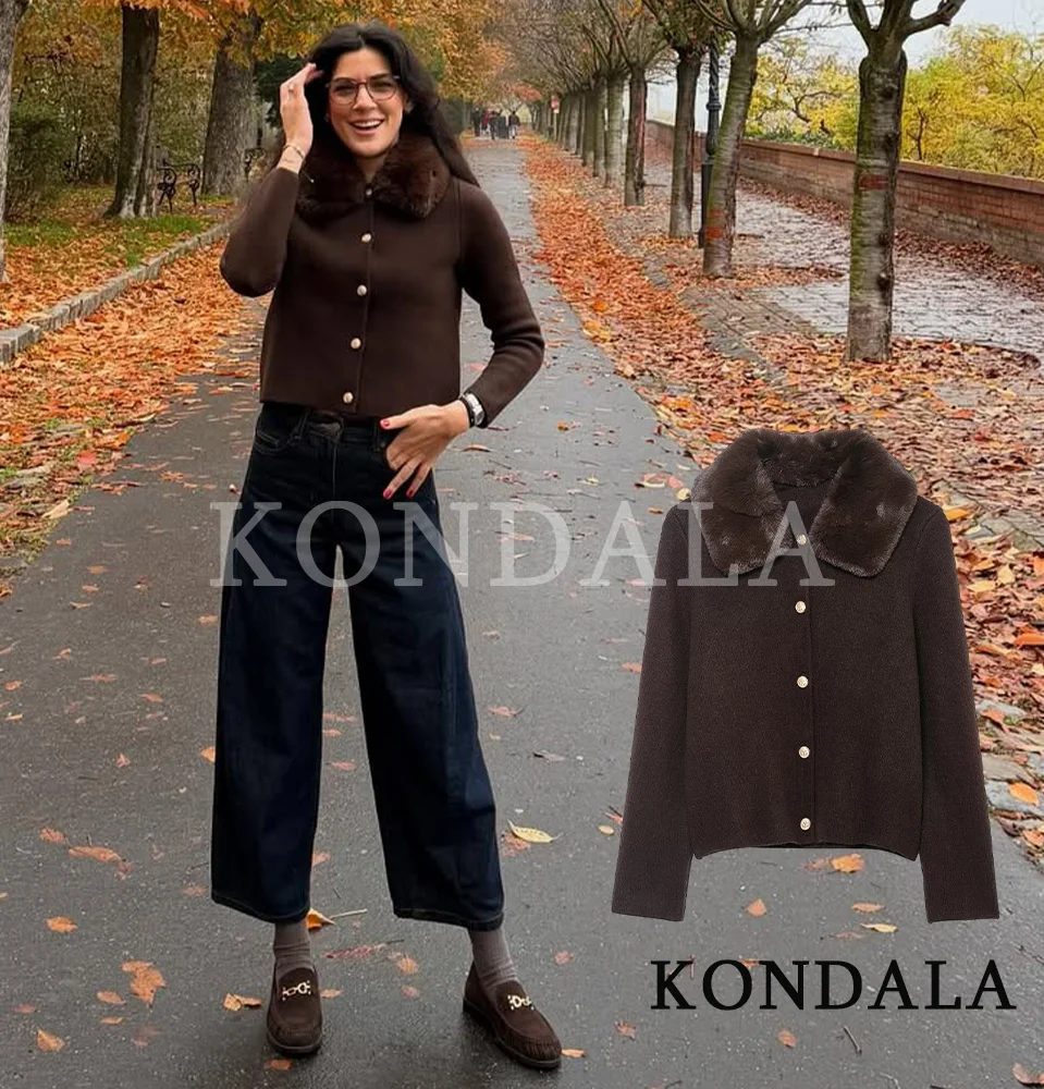 

KONDALA Fall Fur Neck Retro Cardigan Lapel Buttons Brown Slim Knit Jacket Women 2025 Fashion Elegant Chic Faux Fur Collar Jacket