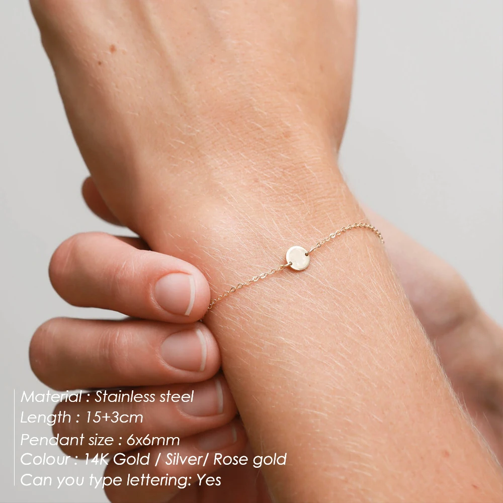 EMANCO  Minimalist Initial Charm Bracelets Plain Blank Round Pendant Stainless Steel Bracelet Adjustable Bracelet Jewelle
