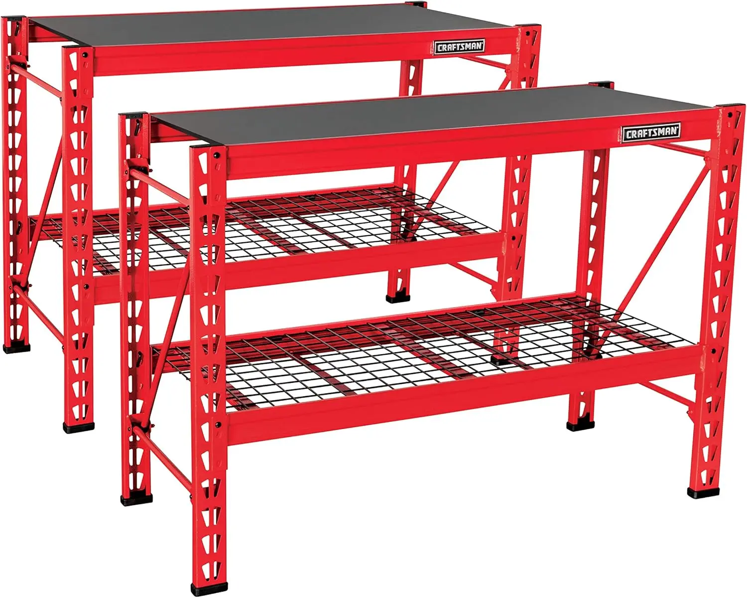 2-Shelf 3-Foot Tall Stackable Tool Chest Depth Storage Rack, 2-Pack, Red