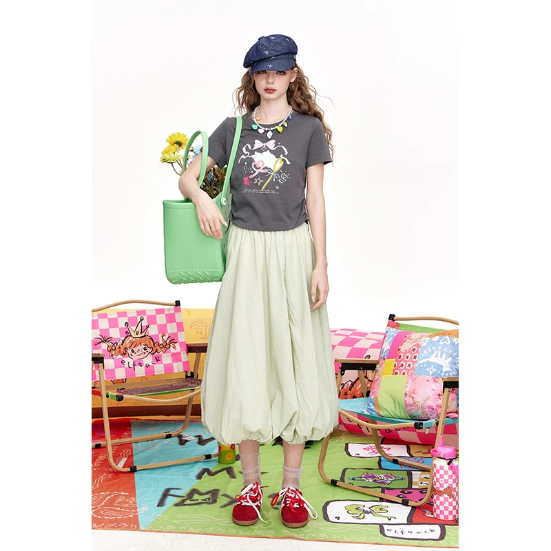 ELFSACK Y2K Cartoon Print Crop T-Shirt Short Sleeve Ruched Side Slim Fit Tee for Women