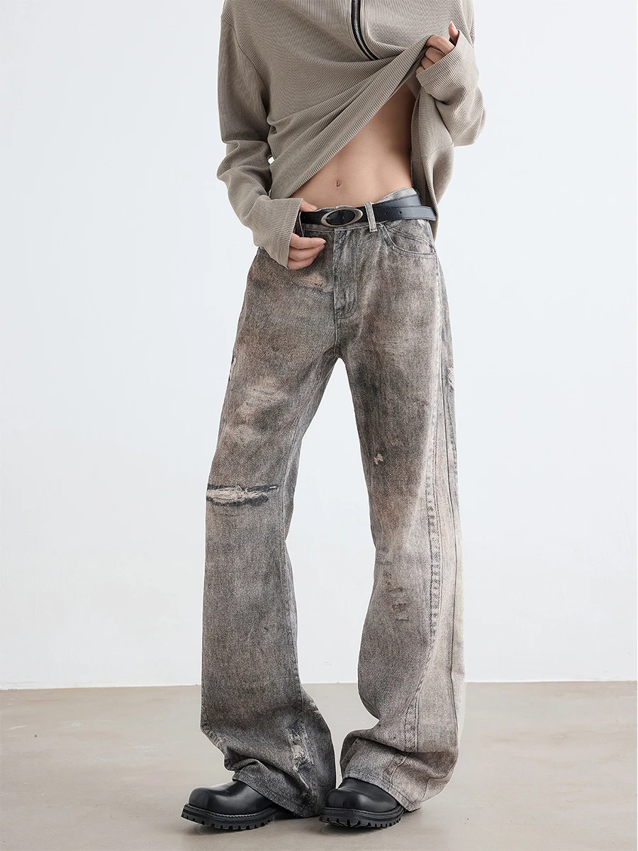 

Мужские джинсы в стиле ретро, с высокой талией, прямые, широкие штанины, с эффектом потертости, повседневные, удобные, износостойкие