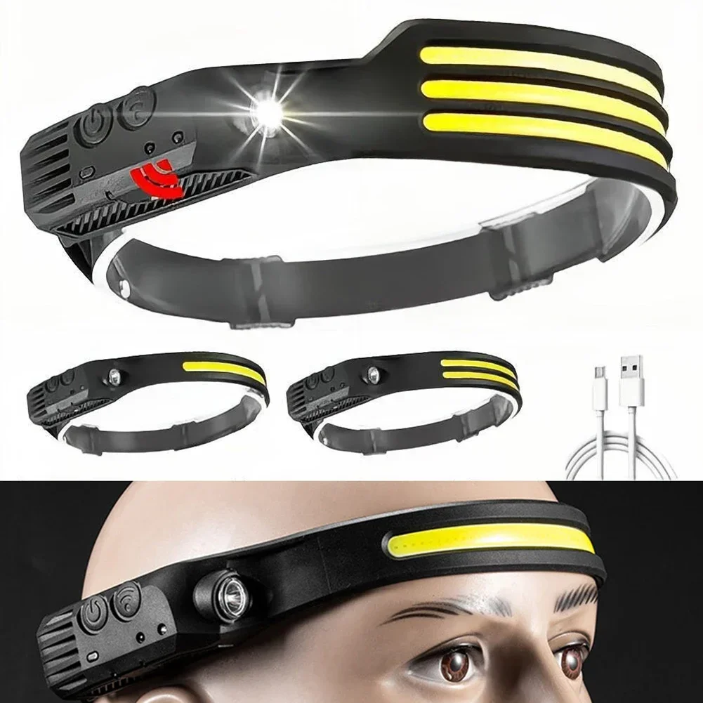 Outdoor Adventure Riding Night Run Fishing Big Flash Head Light USB Charging Multi-Functional LED Waving COB Sensing Headlight