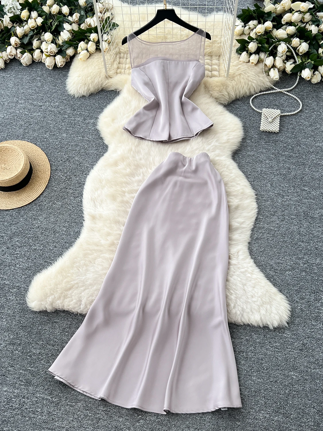 

Летний женский модный комплект Ele, высокая талия, длинный хвост, юбка, топ и юбка, роскошный коврик, Sle