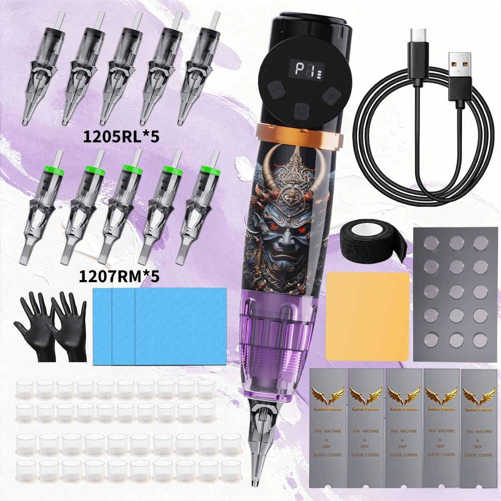 Wireless Rotary Tattoo Pen Kit with 10Pcs Tattoo Cartridge Needles, Complete Tattoo Supplies Set for Beginners
