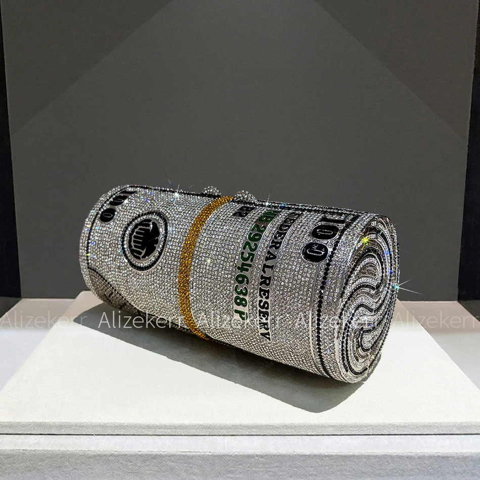 Alizekerr Women 100 Dollar Bill Rhinestone Clutch Bag Luxury Rolled Dollar Money Diamond Evening Purse For Party Banquet Wedding